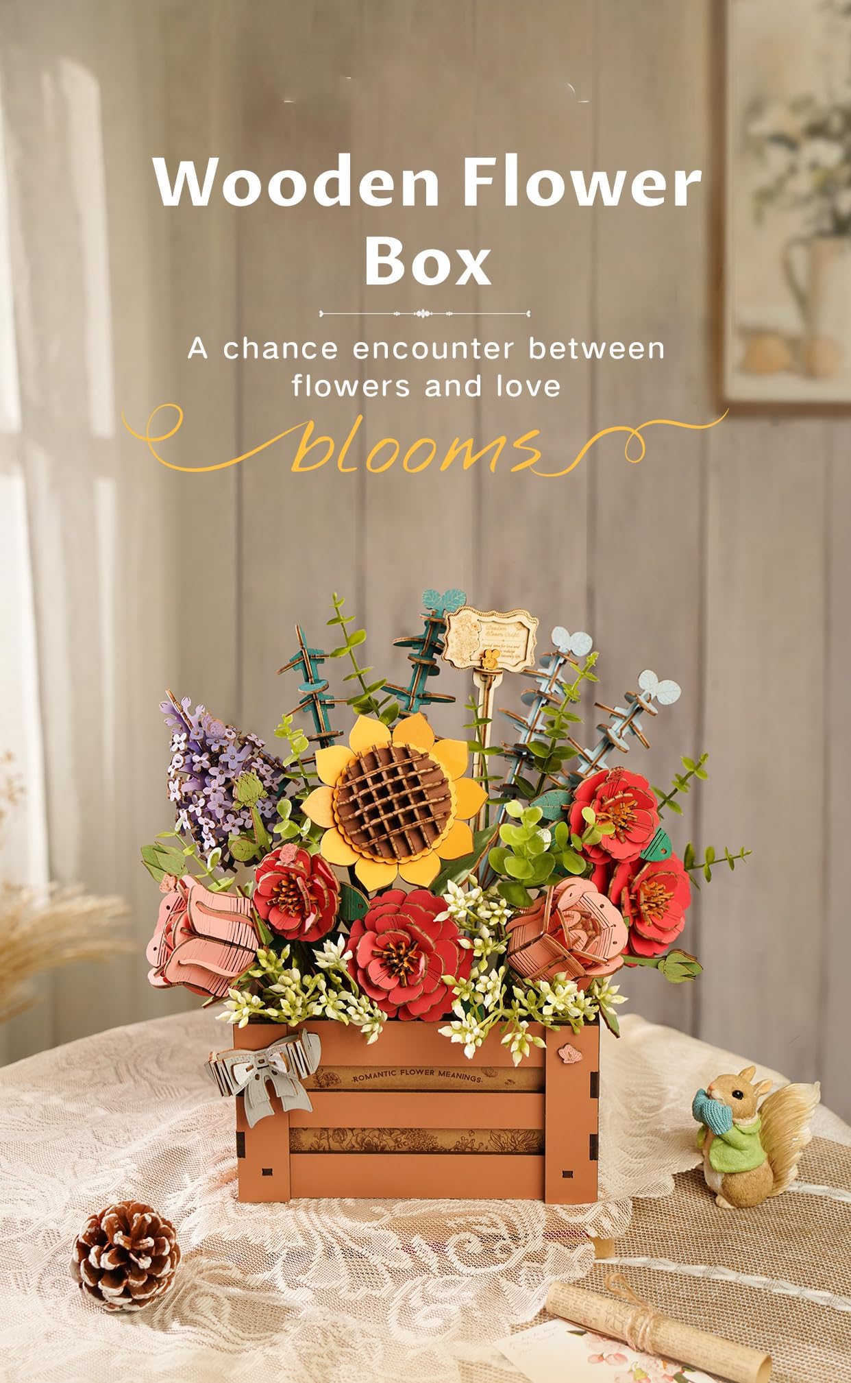Rowood Wooden Flower Bloom Box Building Set,DIY 3D Wooden Puzzles